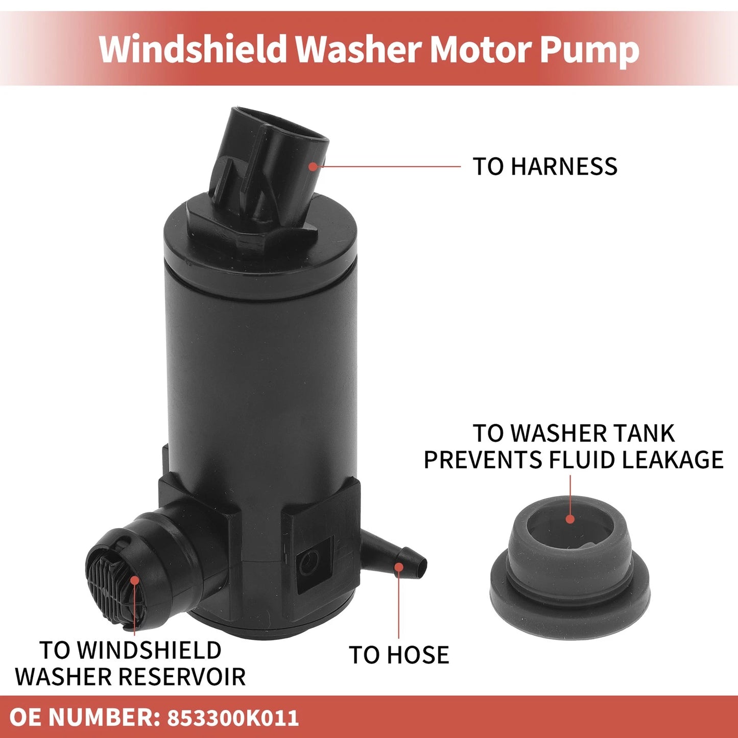 Windshield Washer Pump w/ Grommet for Toyota (No. 853300K011)
