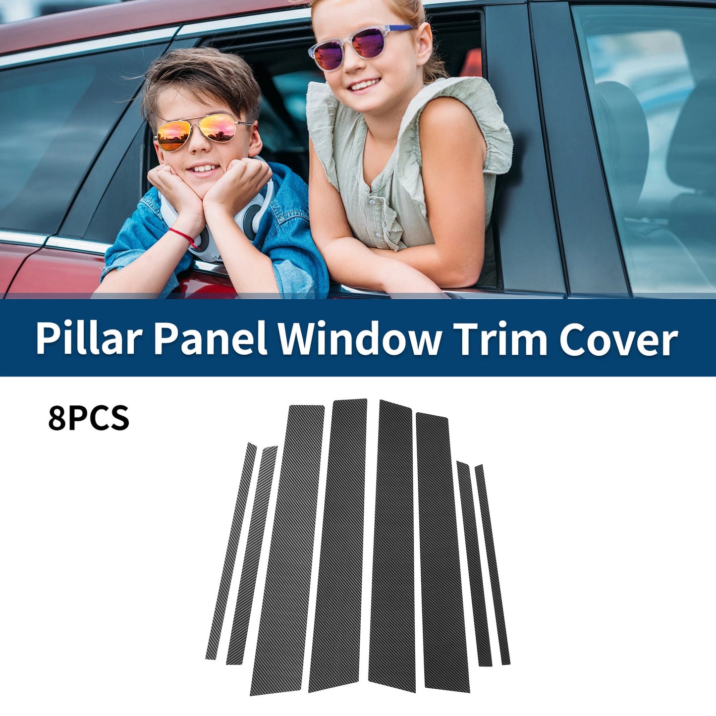 Set of 8 Car Pillar Window Trim Covers for Toyota RAV4 (2013–2018) Black Carbon Fiber