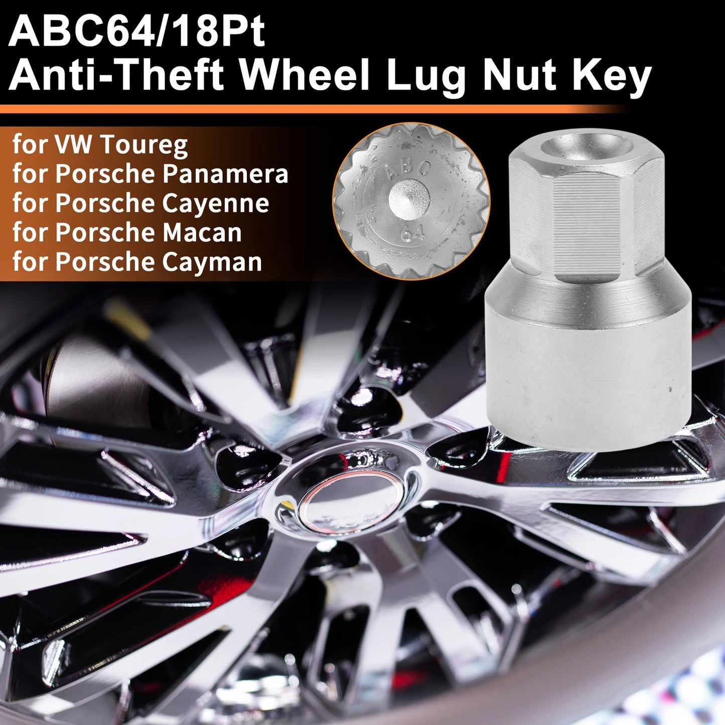 Wheel Lock Lug Nut for VW Touareg (2004–2018) - ABC64/18Pt, Key Socket Tool