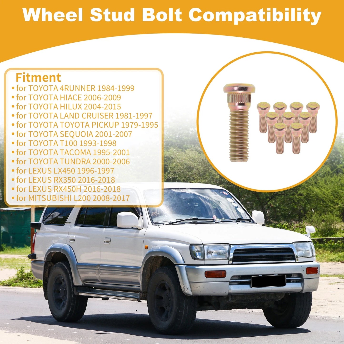 10 pcs M12x1.5 Wheel Lug Studs for Toyota 4Runner (1984–1999) No.610-312 Gold Tone