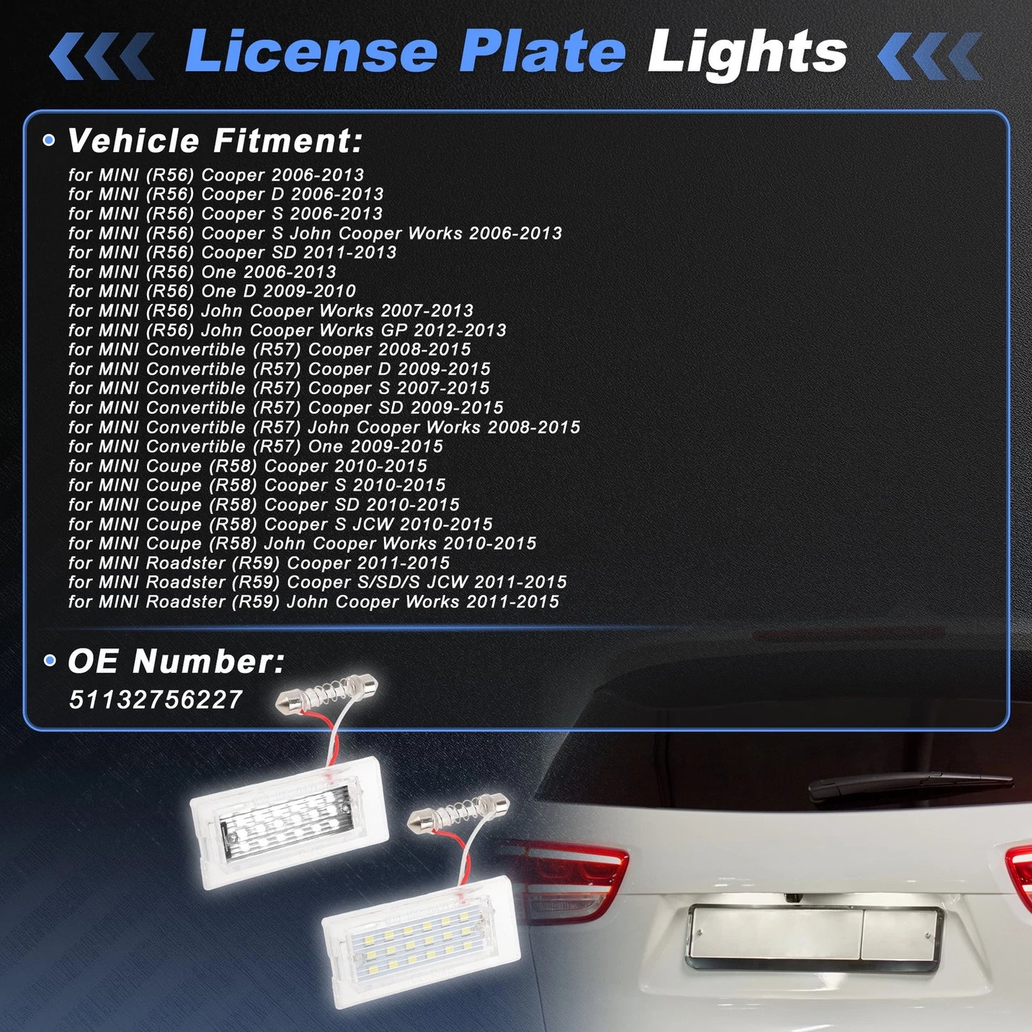 2X LED License Plate Light for MINI Cooper (R56) (2006–2013) No. 51132756227