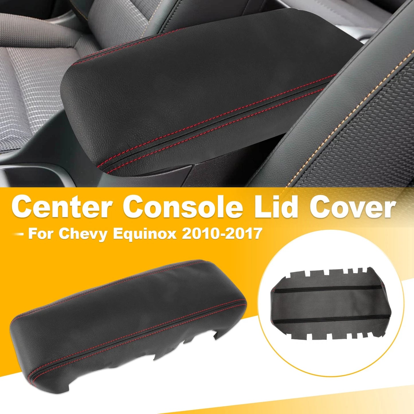 Black Leather Console Lid Armrest Cover for Chevy Equinox (2010–2017) Red Stitch