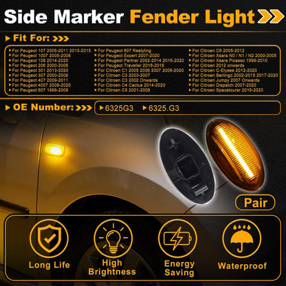 Set of 2 Side Marker Fender Lights 6325G3/6325.G3 for Peugeot 107 (2005–2015)
