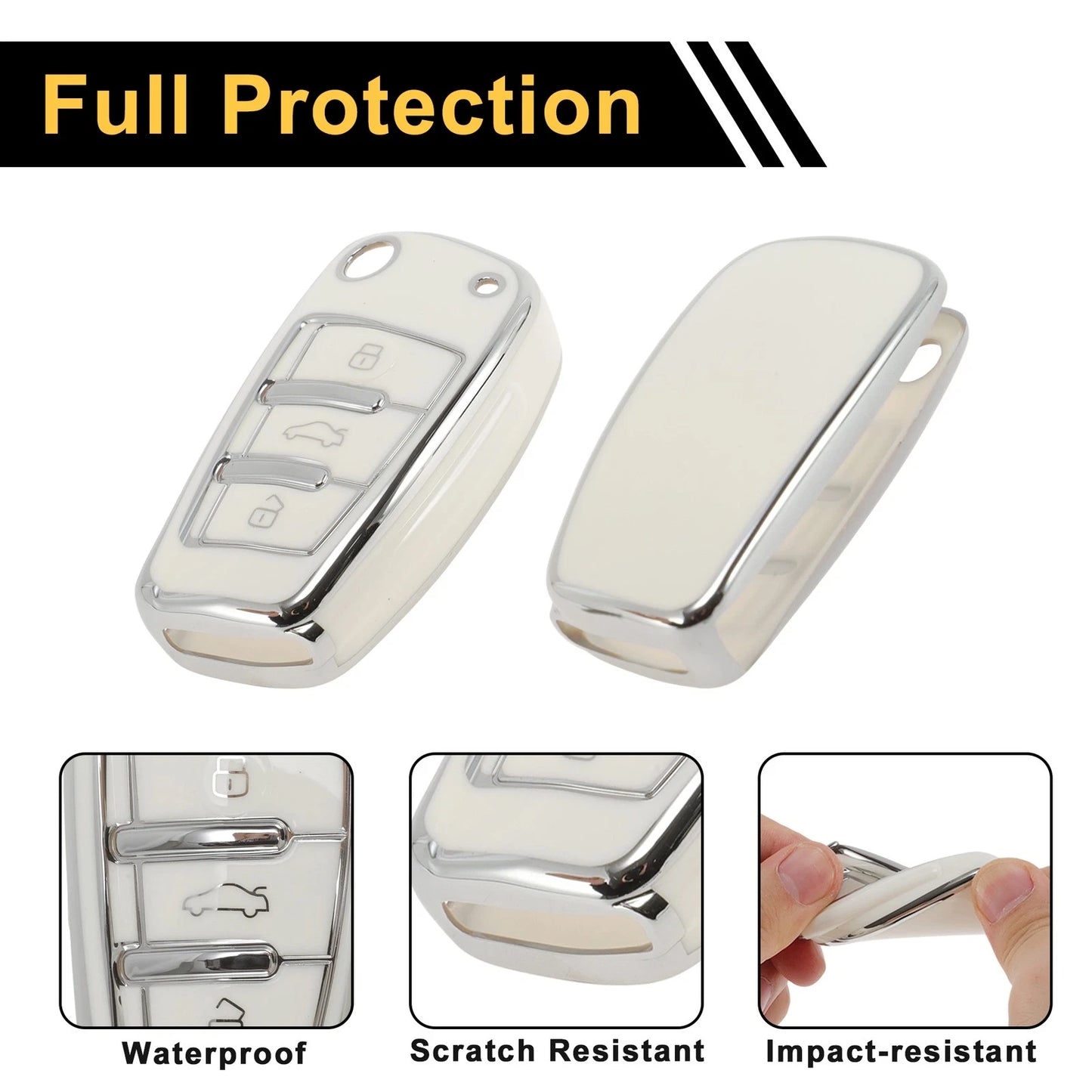 Flip Key Case for Audi A1 (2010–2018) - TPU Silicone, 3 Buttons, White Silver Tone