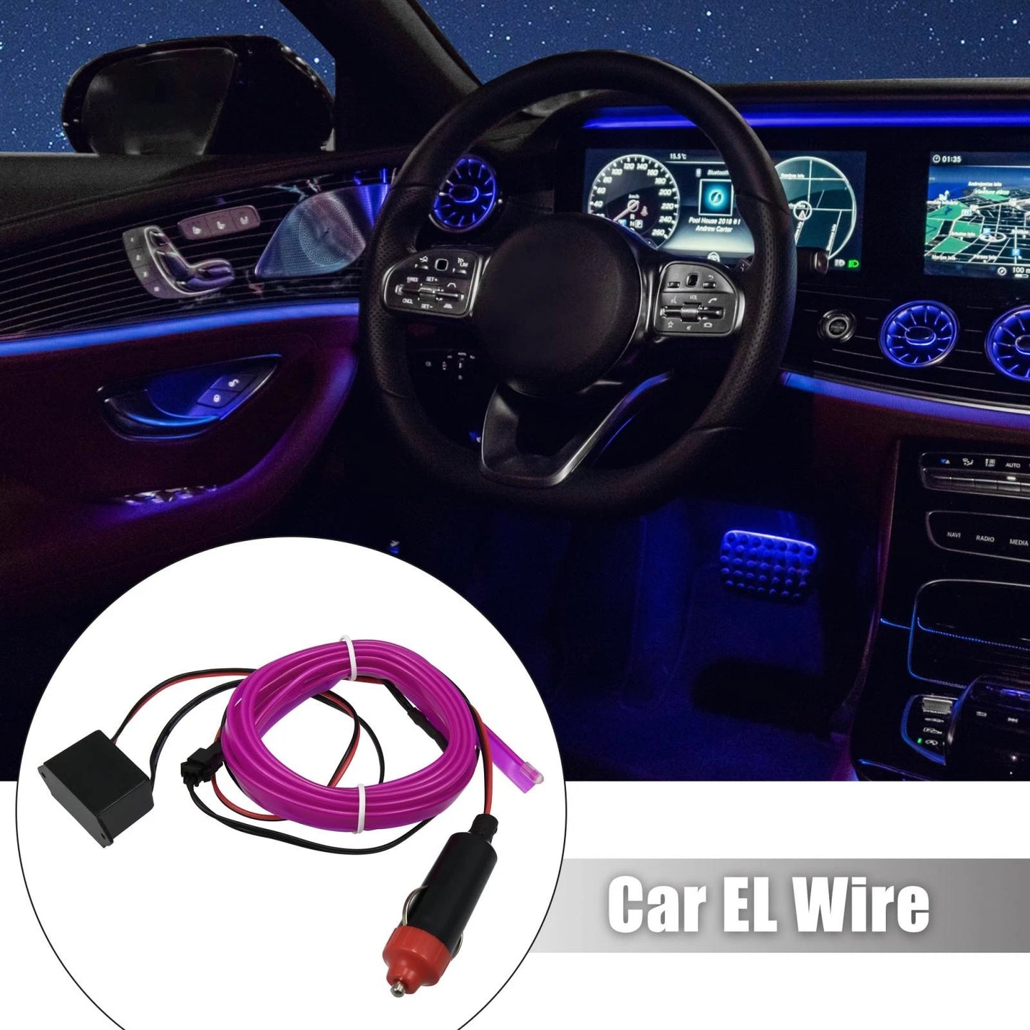 2M Neon EL Wire String Strip Tube Purple Light for Car Interior