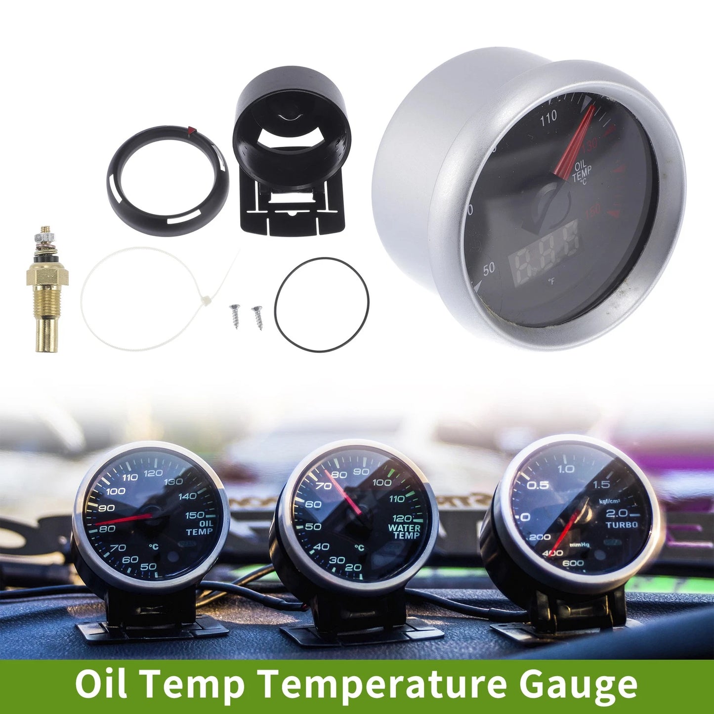 2" Oil Temp Gauge Meter Kit for Universal Vehicles (LED, Digital, Silver Tone)