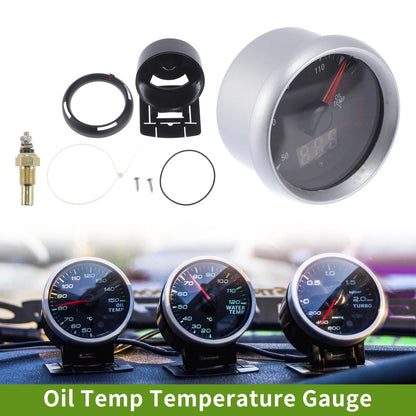 2" Oil Temp Gauge Meter Kit for Universal Vehicles (LED, Digital, Silver Tone)