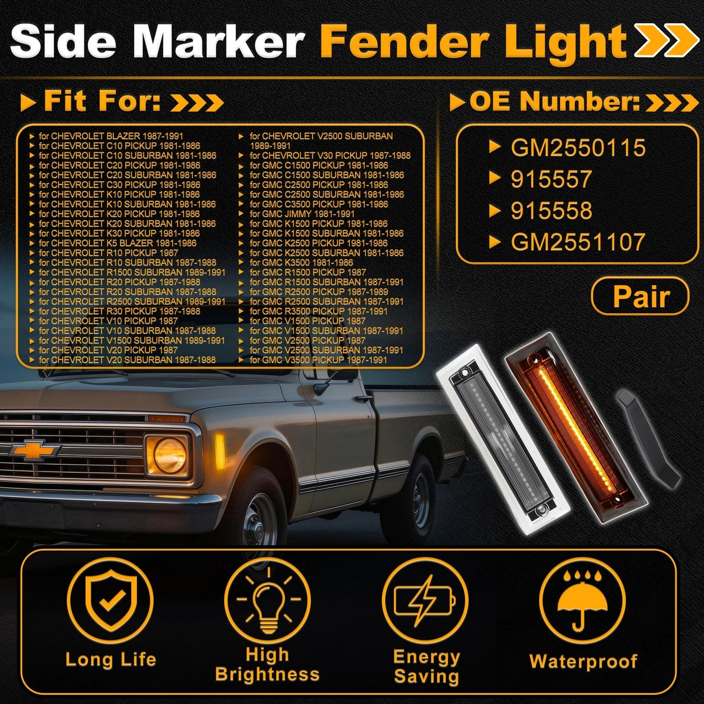 Side Marker Fender Light GM2550115 for Chevrolet Blazer (1987–1991)