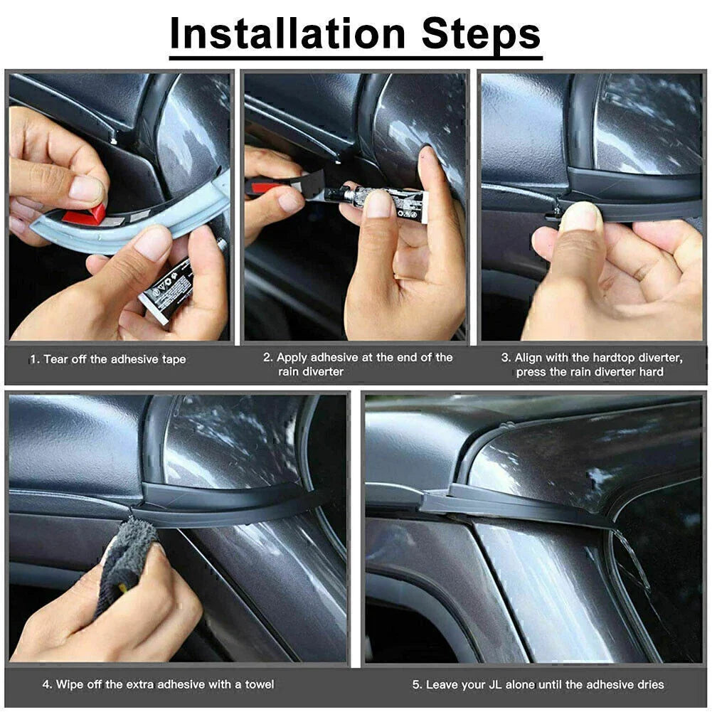 Black ABS Front Water Rain Gutter Extensions for Jeep Wrangler (2018-2021)