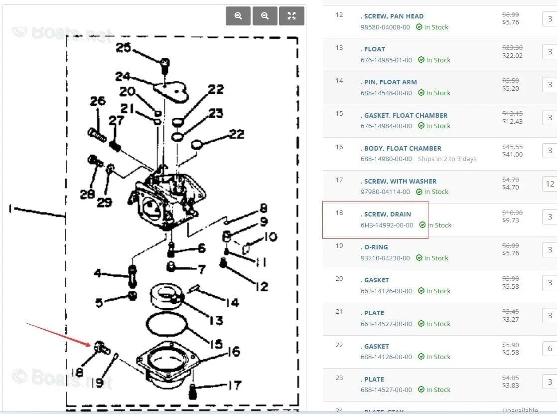 Screw Drain for Yamaha Outboard 2T 40-90HP (Year Range Not Specified)