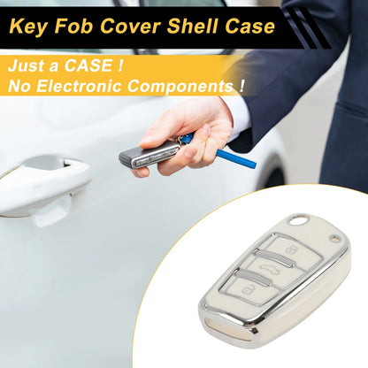 Flip Key Case for Audi A1 (2010–2018) - TPU Silicone, 3 Buttons, White Silver Tone