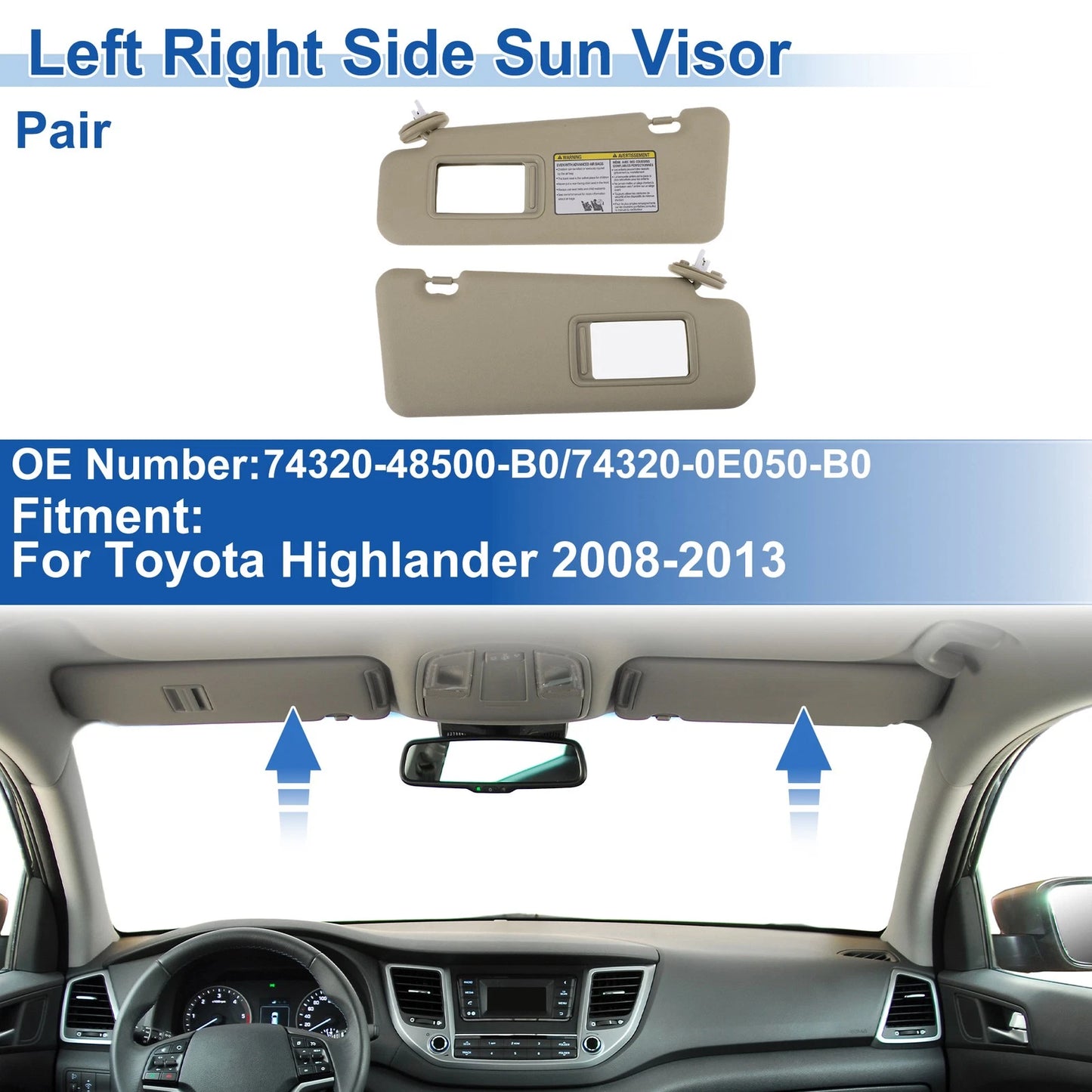 Set of 2 Sun Visors for Toyota Highlander (2008–2013) No. 74320-48500-B0 Beige