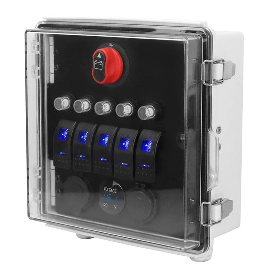 5 Gang Rocker Switch Box w/ Waterproof Cover & USB Charger for Car - 79 Characters