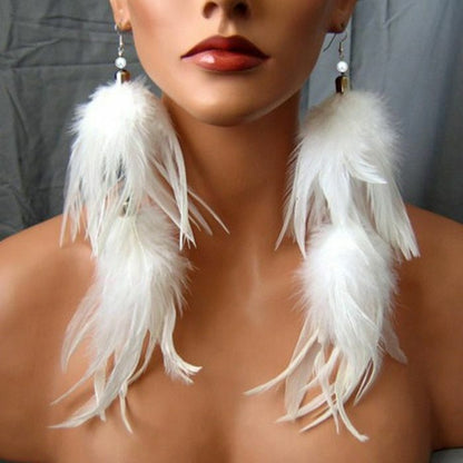 Feather Dangle Earrings for Women - White Long Hook Jewelry