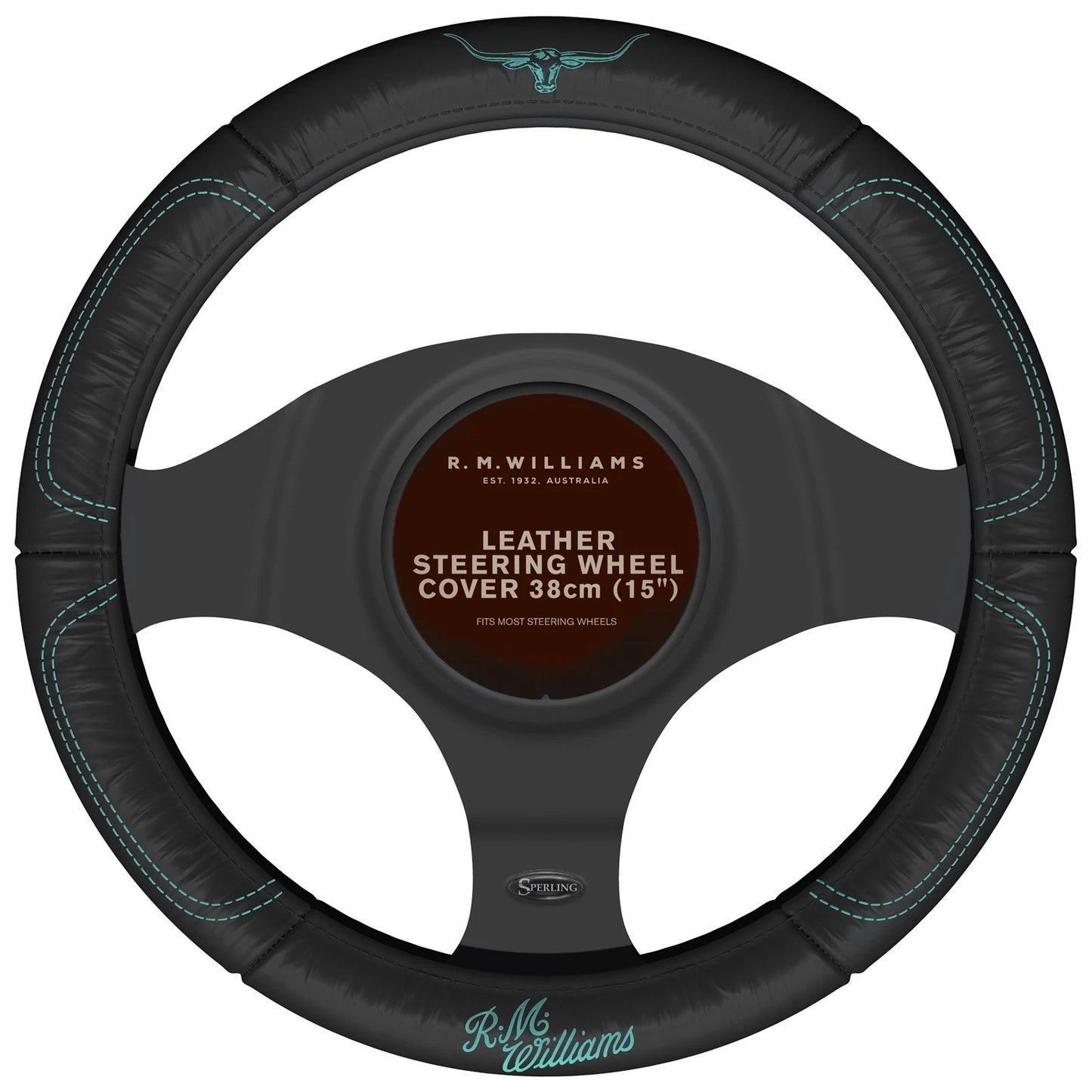 Leather Steering Wheel Cover for R.M. Williams (Black/Aqua)