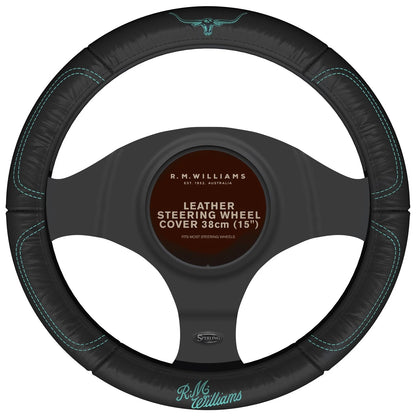 Leather Steering Wheel Cover for R.M. Williams (Black/Aqua)