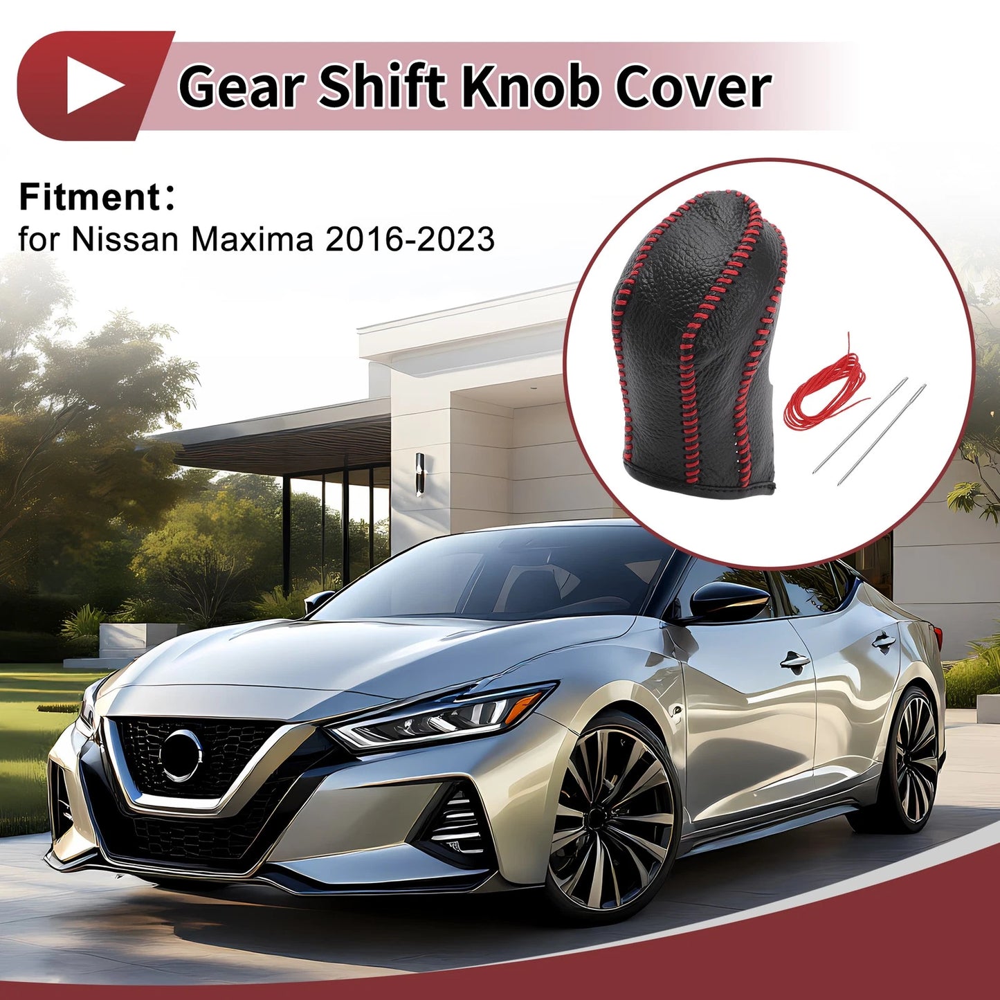 Gear Shift Knob Cover for Nissan Maxima (2016–2023) Black Red Faux Leather