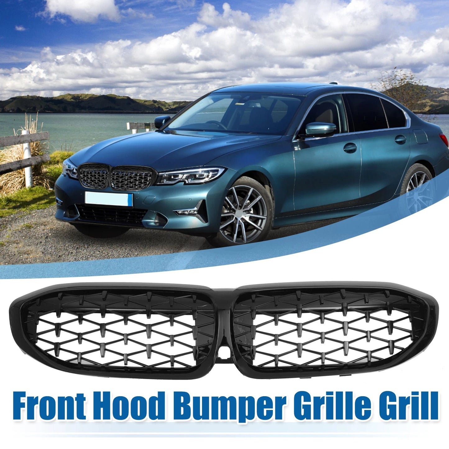 Front Hood Bumper Grille for BMW 330i 330e M340i XDrive G20 (2019–2023) Gloss Black