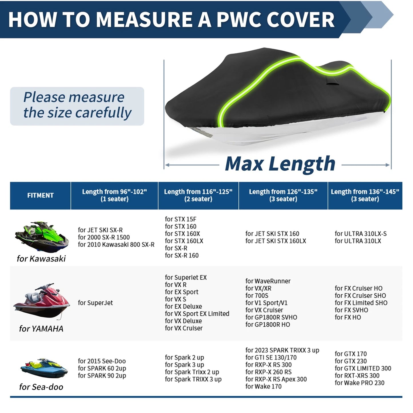 PWC Cover for Kawasaki Jet Ski (116"-125" 2 Seat) Waterproof Black