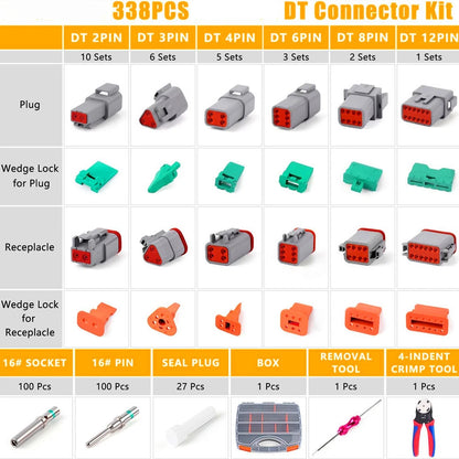 338Pcs DT Connector Kit with Crimping Tools for Waterproof Electrical Plugs