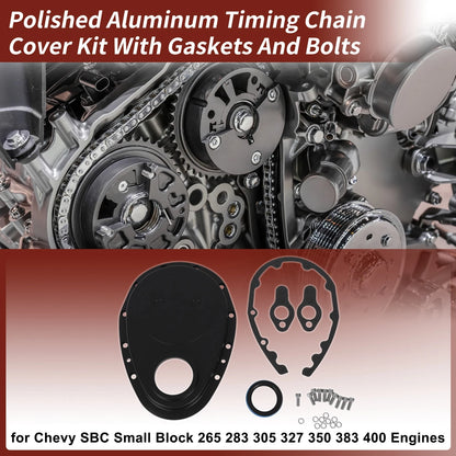 Polished Aluminum Timing Chain Cover Kit with Gaskets & Bolts for Chevy SBC (1960–2002)