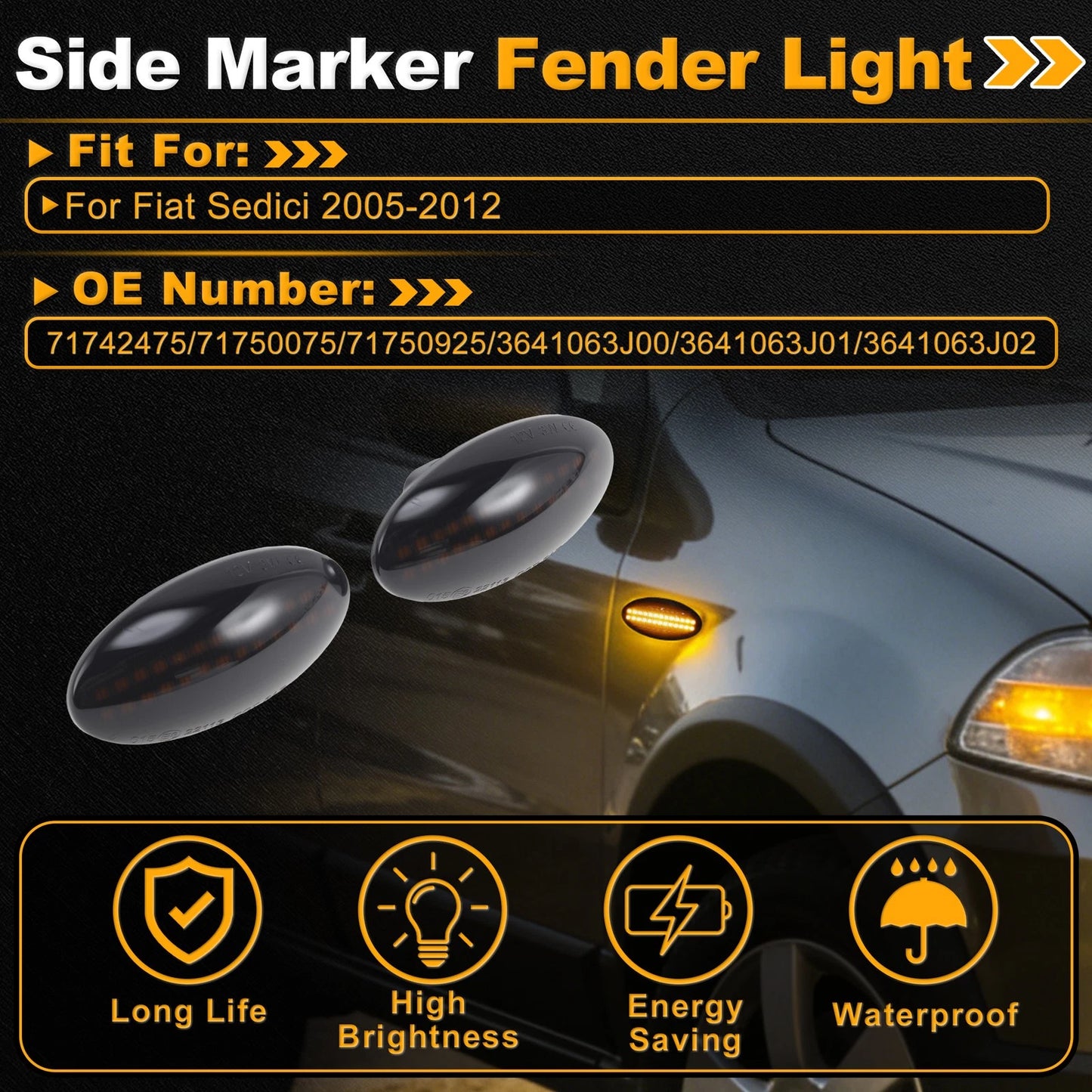 Dynamic LED Amber Side Marker Fender Light 71742475 for Fiat Sedici (2005–2012)
