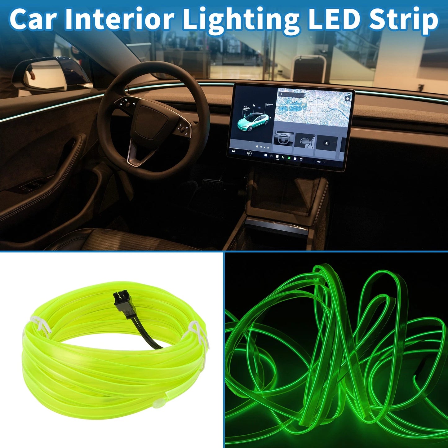 LED Strip Neon Wire for Universal Car Decoration (USB 5V) Fluorescent Green