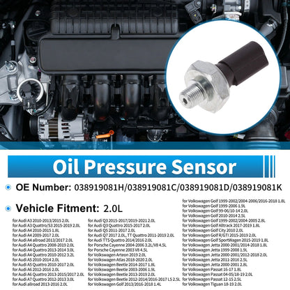 Engine Oil Pressure Sensor for Audi A3 2.0L (2010–2013, 2015) No. 038919081H, 038919081C