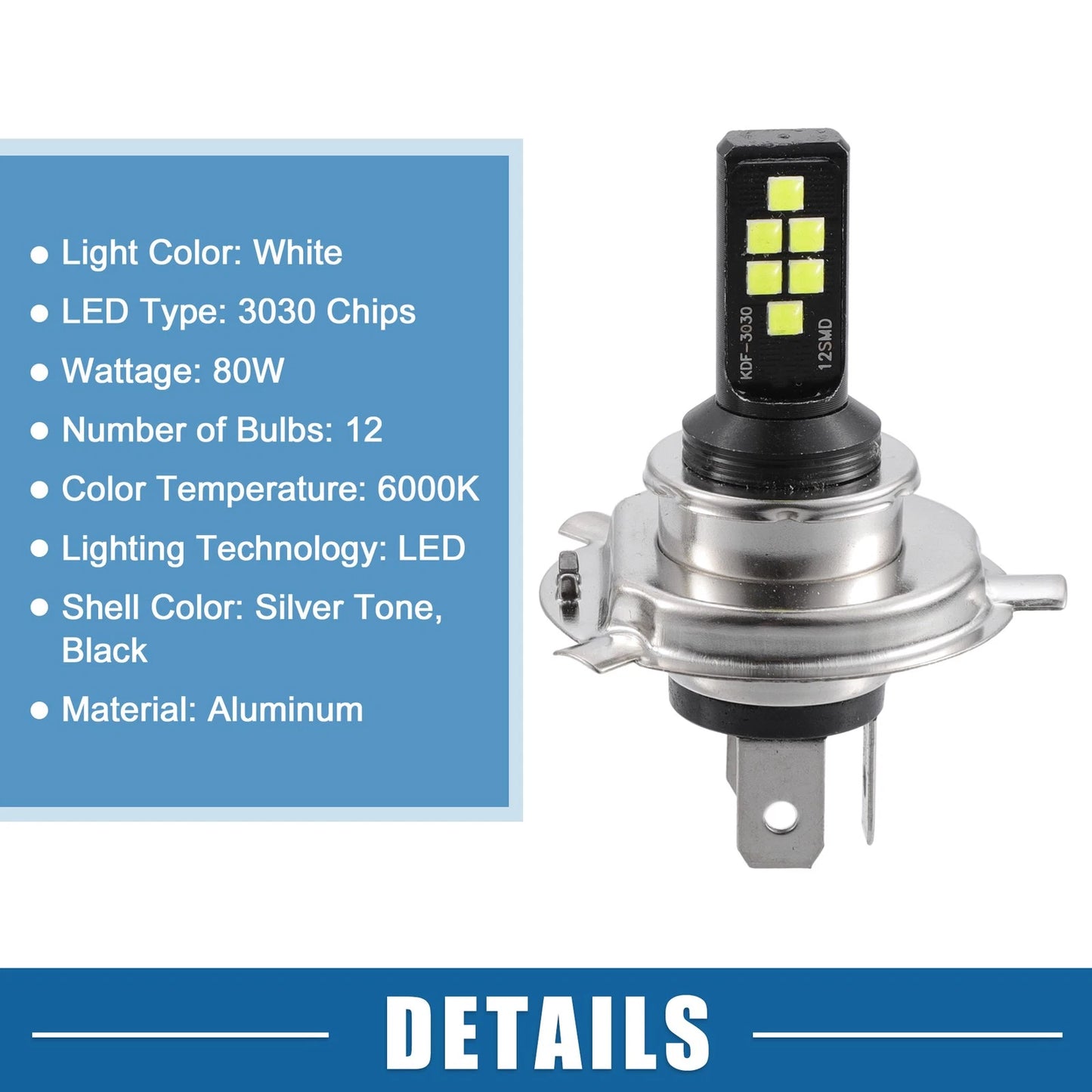 Set of 2 H4 LED Fog Light Bulbs for Auto (12 Chips, White)