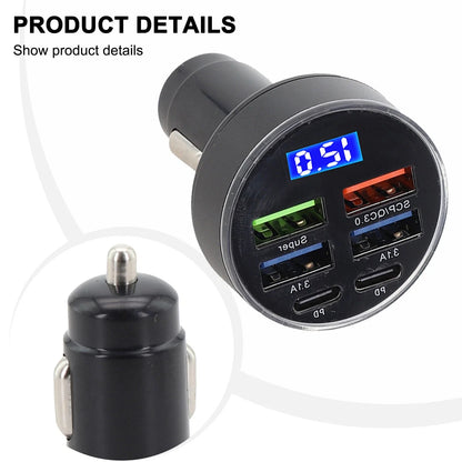 6-Port Car Charger with LED Display and USB Outputs for Vehicles