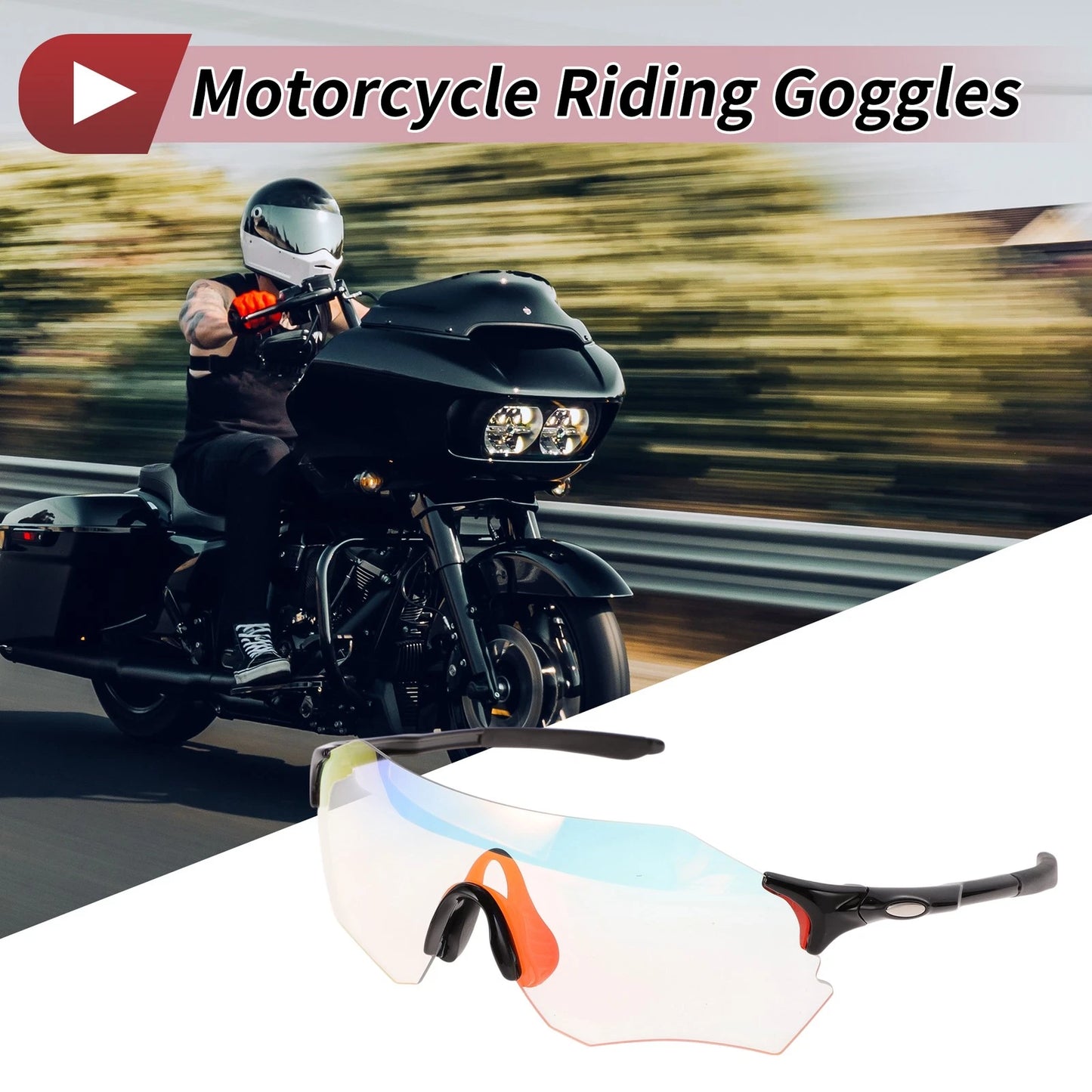 Motorcycle Riding Goggles for Various Models (Light Red Lens, Black Frame)