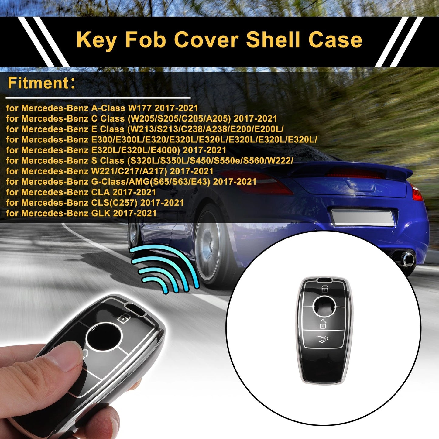 Key Fob Shell Cover Case for Mercedes-Benz (3 Buttons, Black Silver Tone)