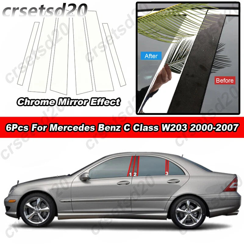 6x Chrome PC Pillar Post Cover Trim for Mercedes-Benz C-Class W203 (2000–2007)