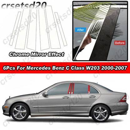 6x Chrome PC Pillar Post Cover Trim for Mercedes-Benz C-Class W203 (2000–2007)