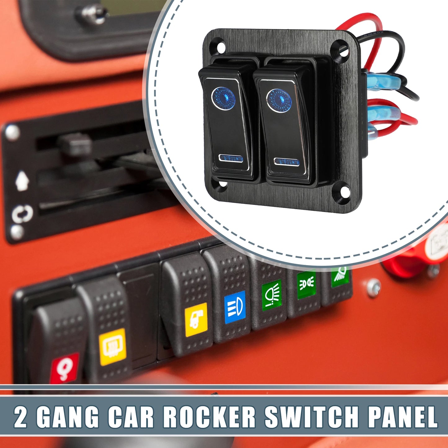 2 Gang Rocker Switch Panel with Blue LED Light for Car
