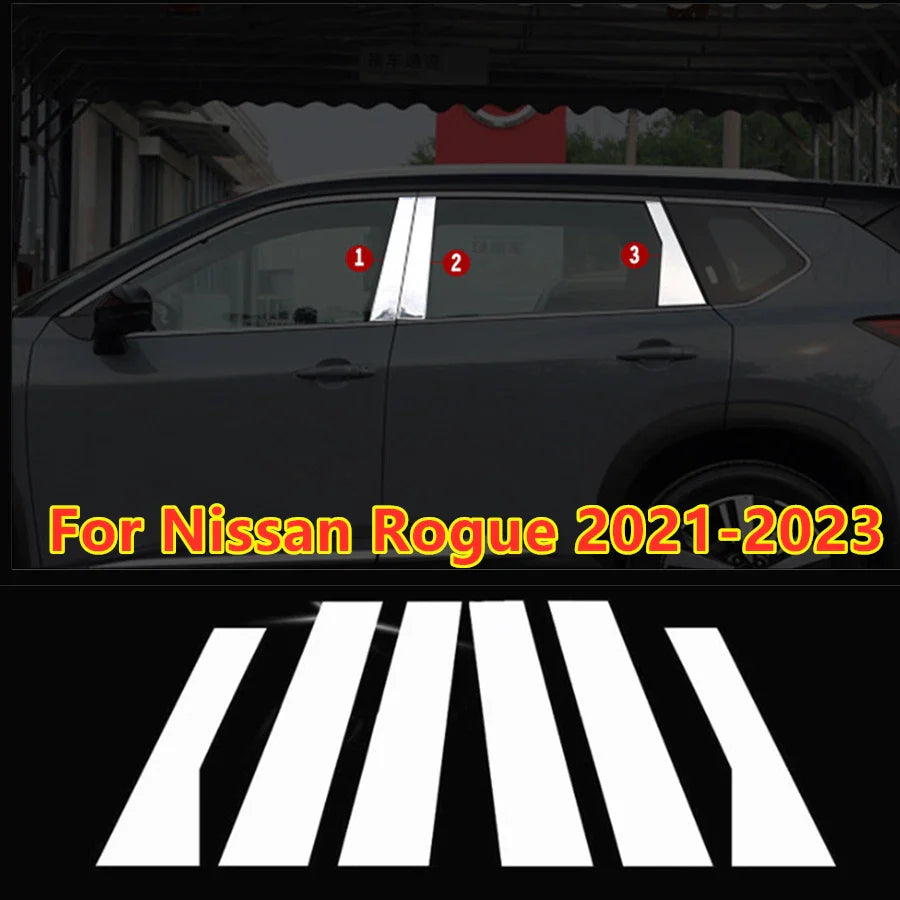 Chrome Steel Pillar Posts Door Trim Covers 6Pcs for Nissan Rogue (2021–2025)