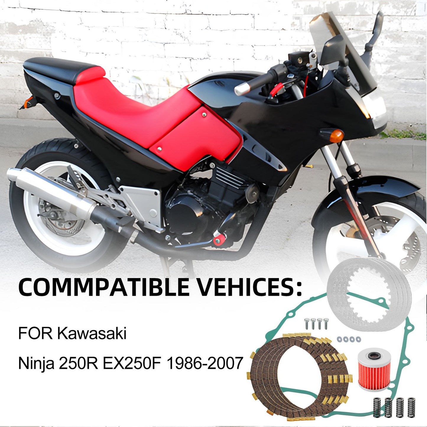 Clutch Kit with Gasket & Oil Filter for Kawasaki Ninja 250R (1988–2007)