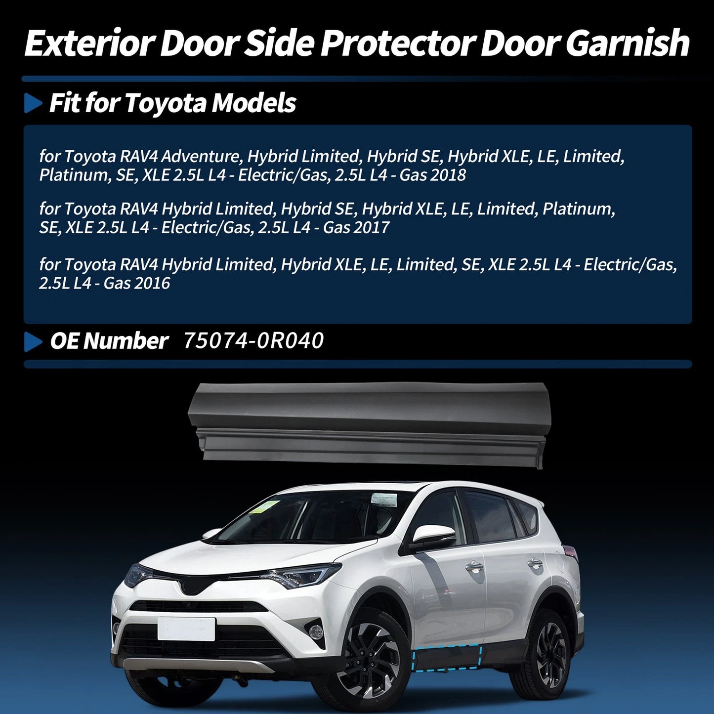 Rear Left Door Lower Trim Garnish for Toyota RAV4 (2016–2018) 75074-0R040