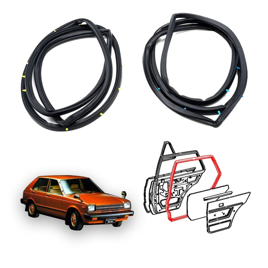 Set of 2 Rear Door Weatherstrip Seals for Toyota Starlet (1978–1984)