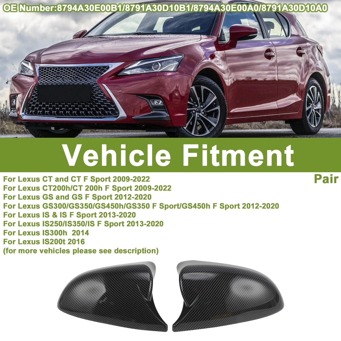 1 Pair ABS Mirror Cover Cap for Lexus CT CT F Sport (2009–2022) 8794A30E00B1