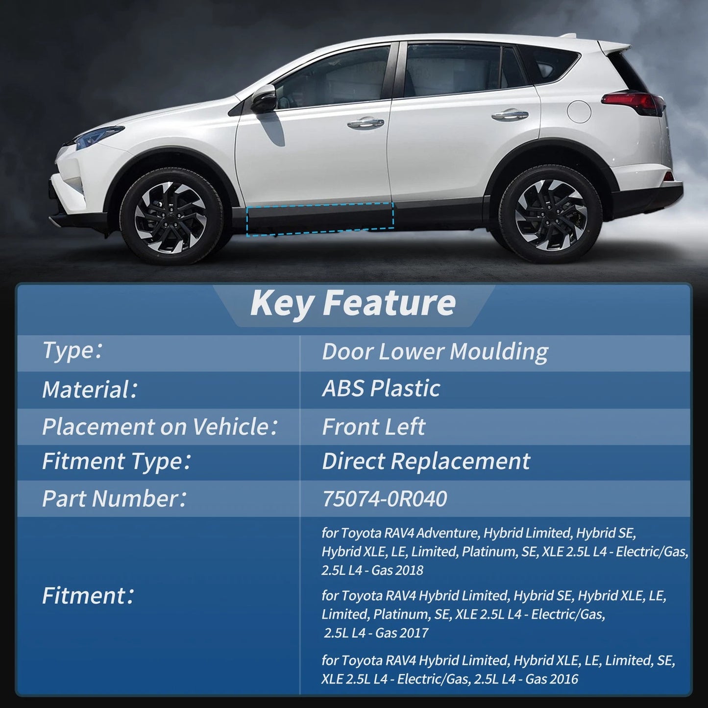 Rear Left Door Lower Trim Garnish for Toyota RAV4 (2016–2018) 75074-0R040
