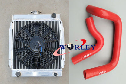 3 Row Aluminum Radiator with Fan and Blue Hose for Datsun 1200 (1970–1976)