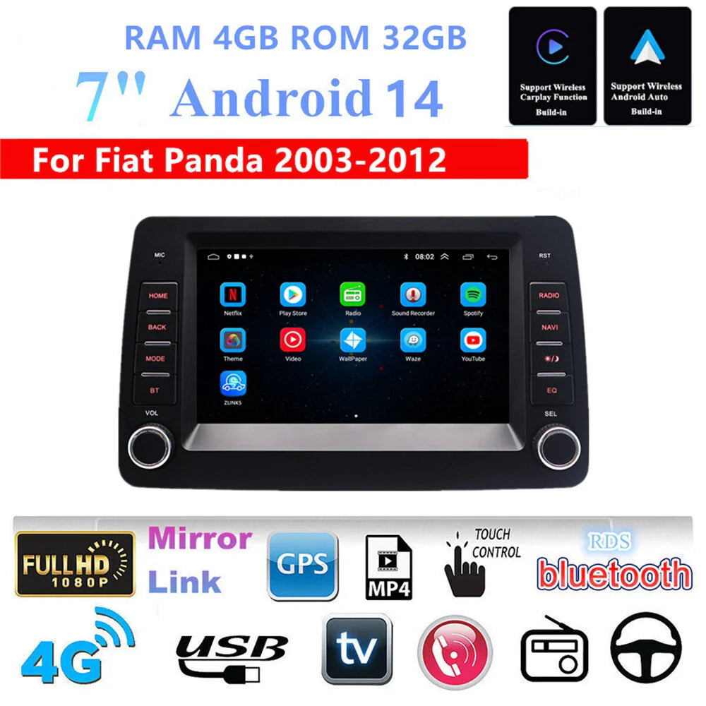 7'' Carplay Android Stereo GPS Navigation for Fiat Panda (2003-2012)