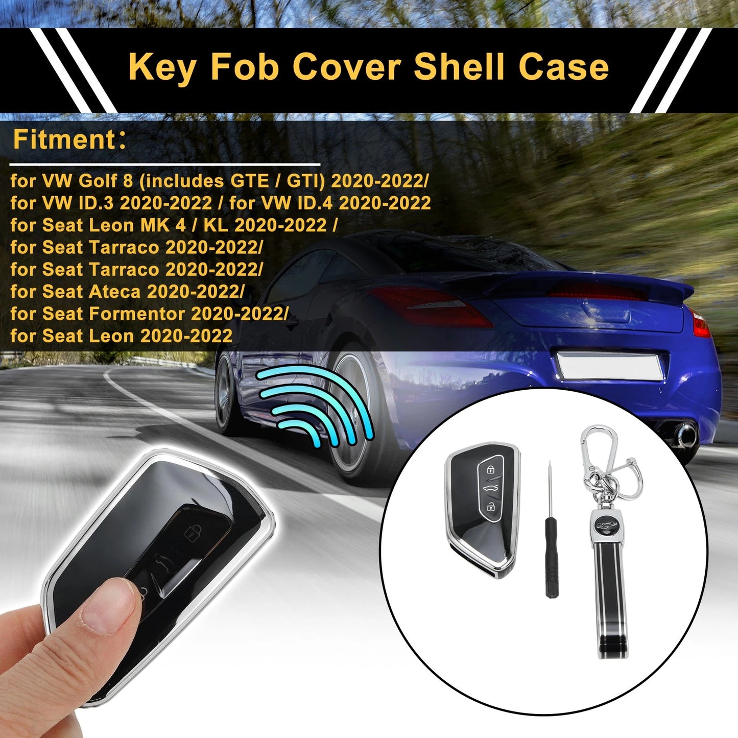 TPU Key Fob Shell Cover Case for VW Golf (2020–2023) - Black Silver Tone