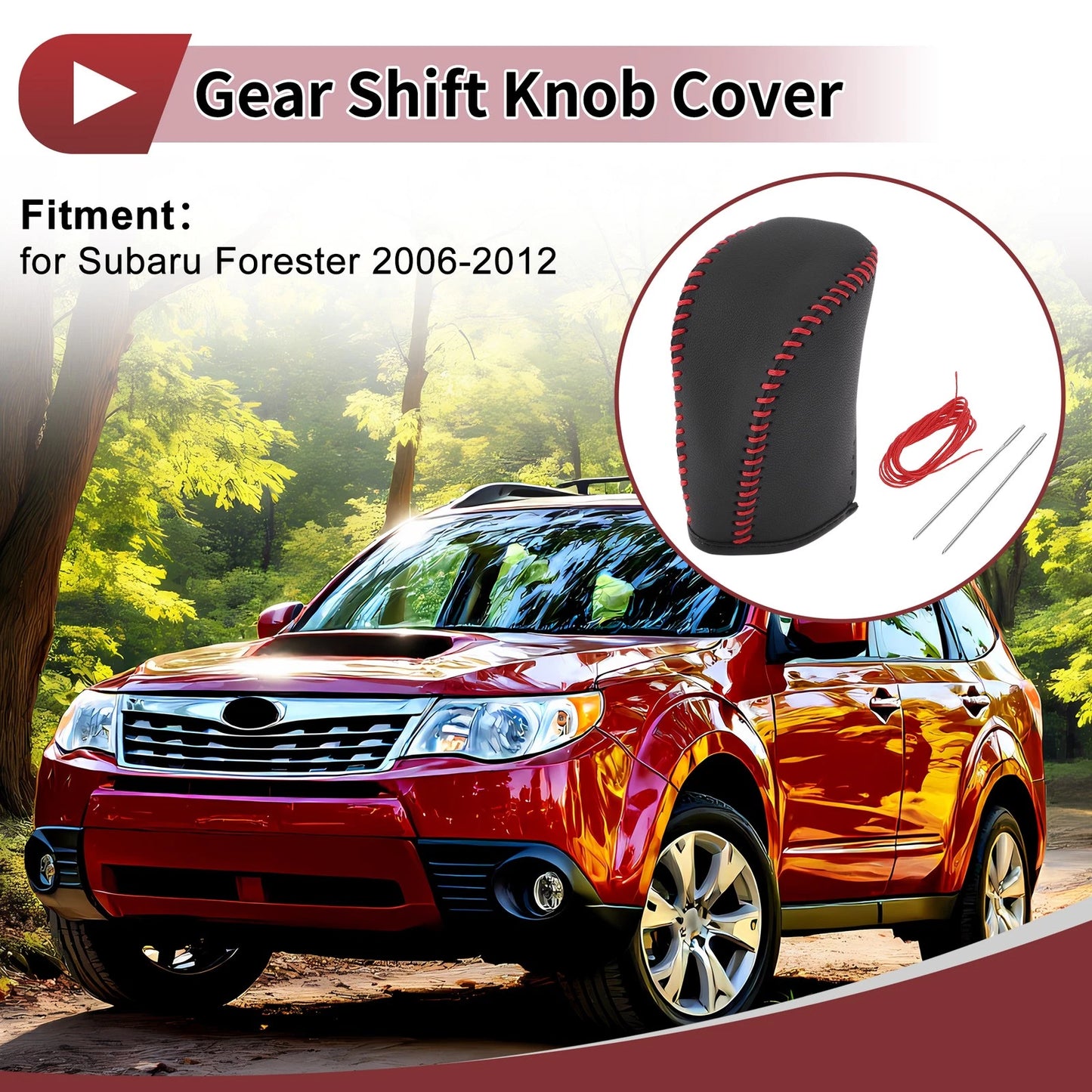 1 Pc Gear Shift Knob Cover for Subaru Forester (2006–2012) Black Red Faux Leather