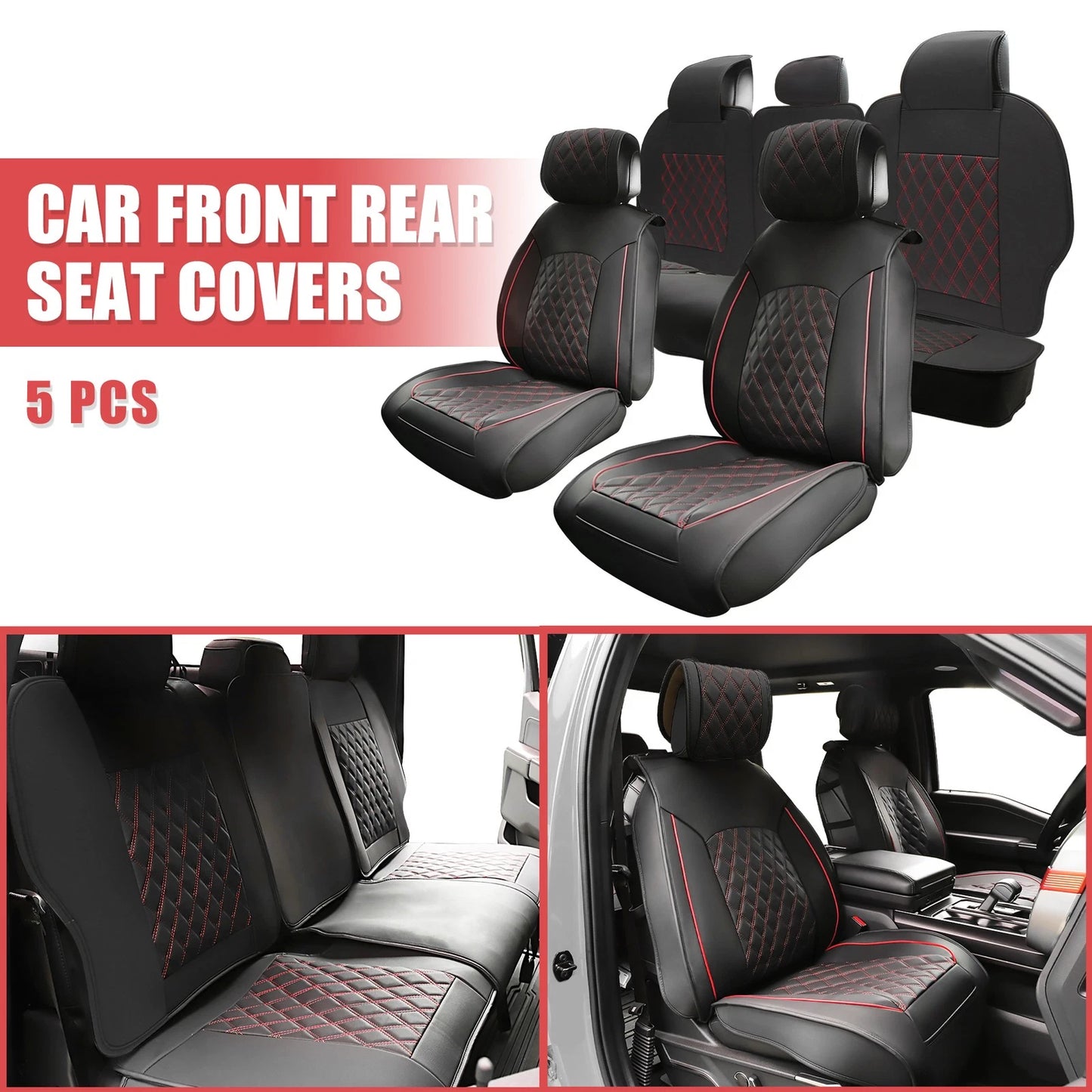 Set of 5 Front Rear Seat Covers for GMC Sierra  Black Red