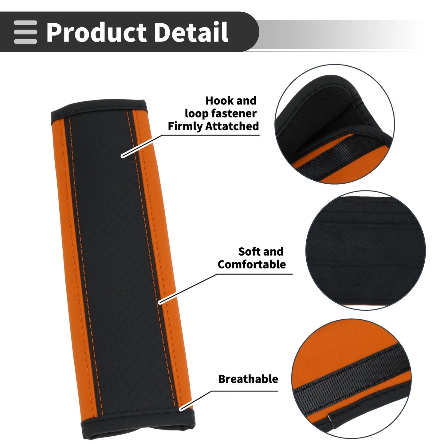 Set of 2 Black Orange Faux Leather Seat Belt Cover Pads for Universal Fit