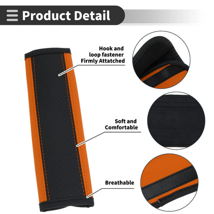 Set of 2 Black Orange Faux Leather Seat Belt Cover Pads for Universal Fit