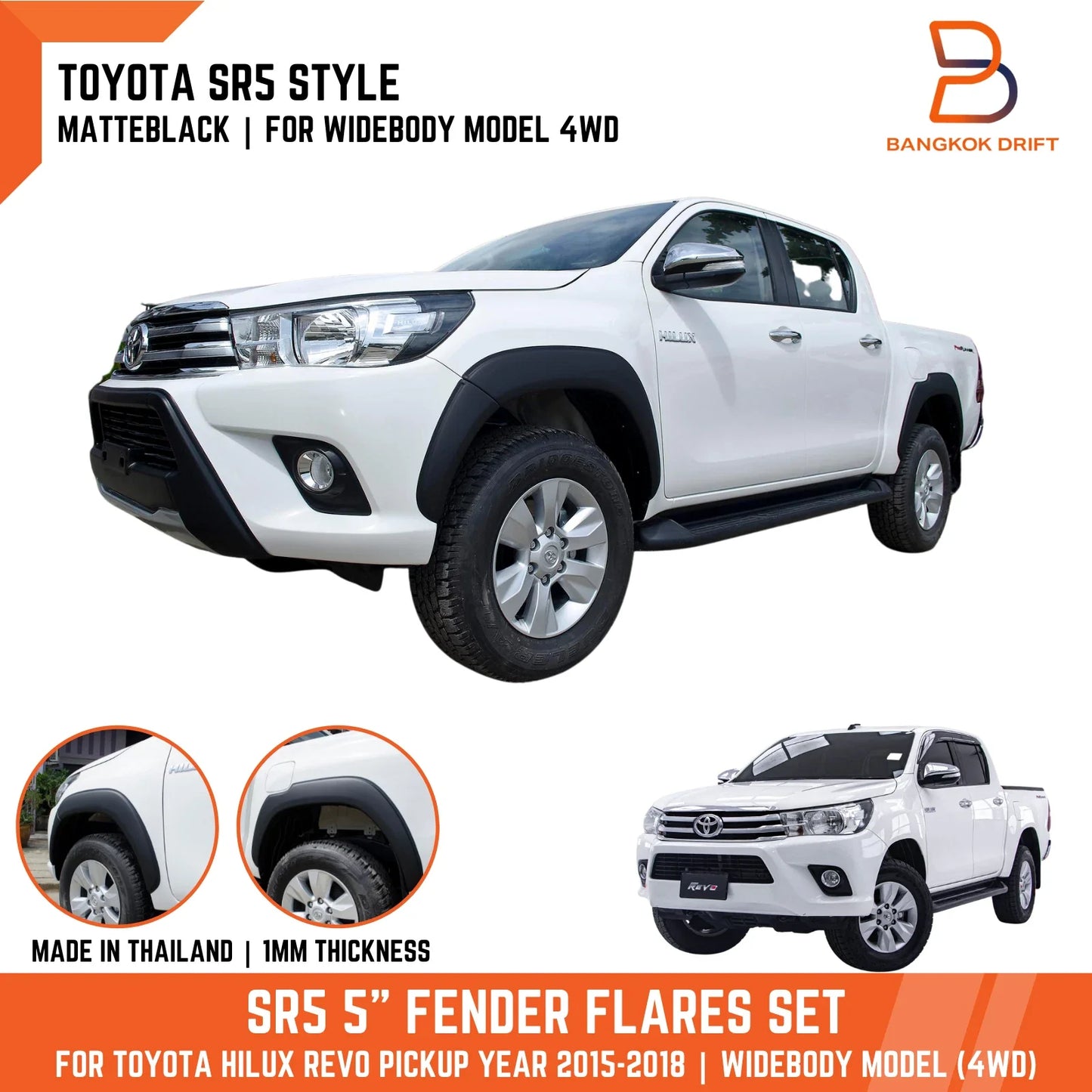 Matte Black Fender Flares Wheel Arches for Toyota Hilux Ute Revo (2015-2018)