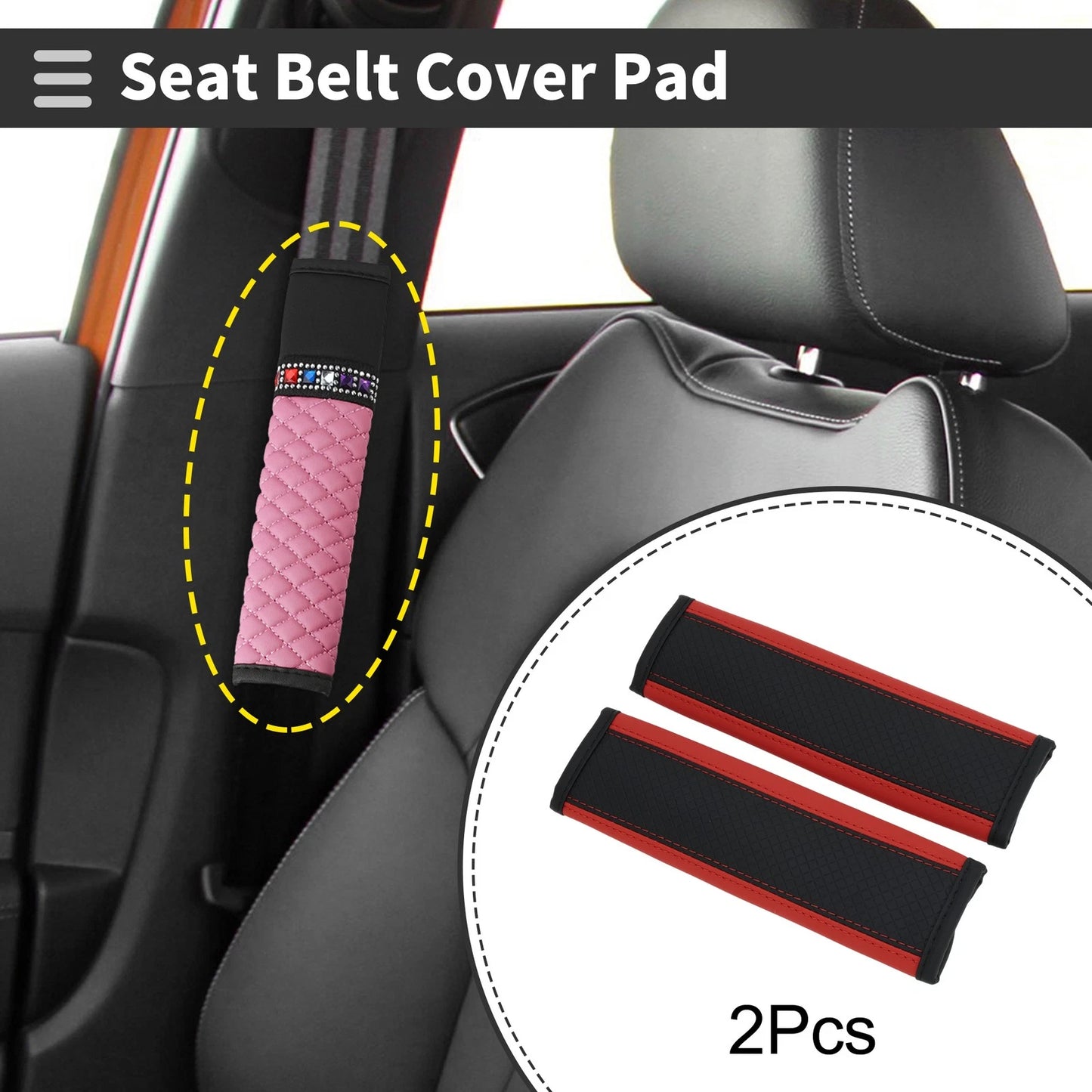 Set of 2 Black Red Faux Leather Seat Belt Cover Pads for Universal Fit